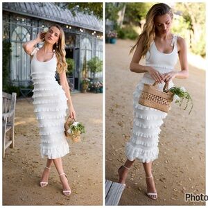 V Chapman Lotus White Bodycon Midi Ruffle Dress Size 14